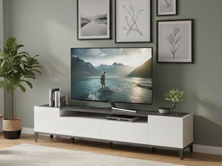 Base TV bianco lucido e ardesia 200x40x47h cm 2 ante e 2 cassetti - Abina