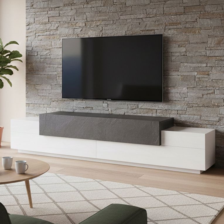 Base TV bianco lucido e ardesia 240x45x52h cm 3 ante - Tiche