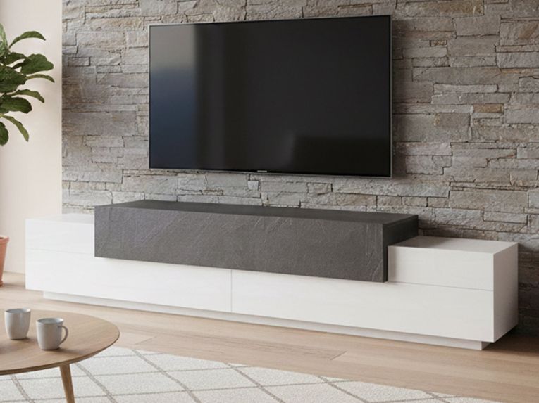 Base TV bianco lucido e ardesia 240x45x52h cm 3 ante - Tiche