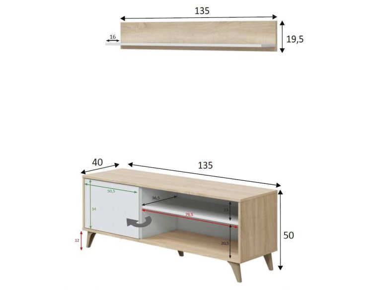 Base TV rovere 135x40x50h cm in legno - Amerino