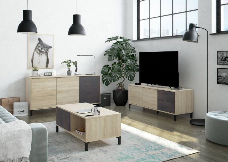 Base TV rovere e antracite 130x41x47h cm 2 ante e 2 cassetti - Alva