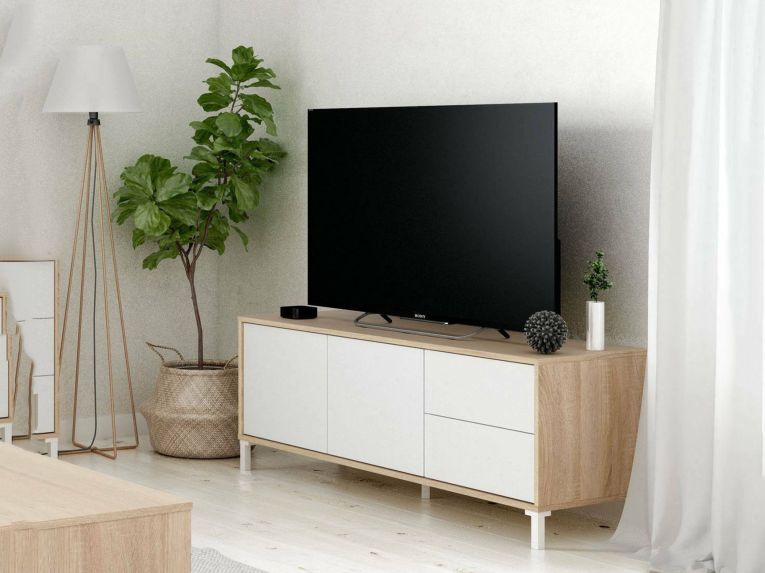 Base TV rovere e bianco 130x41x47h cm 2 ante e 2 cassetti - Alva
