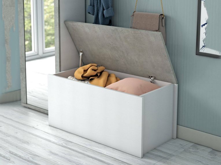 Baule moderno legno 90x45x45h cm bianco e cemento - Ayusnay