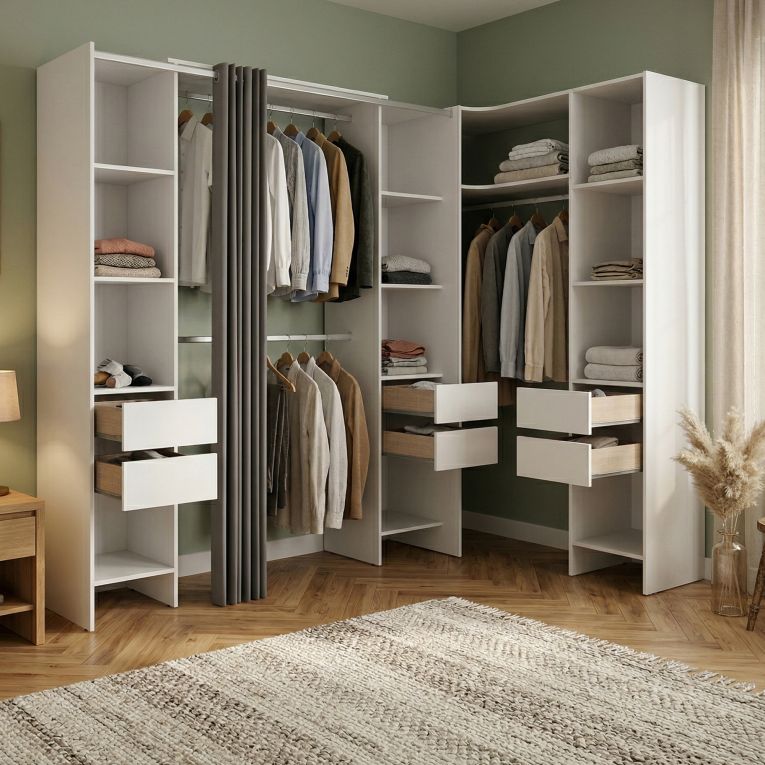 Cabina armadio ad angolo con cassetti bianca 234x205h cm - Alanno