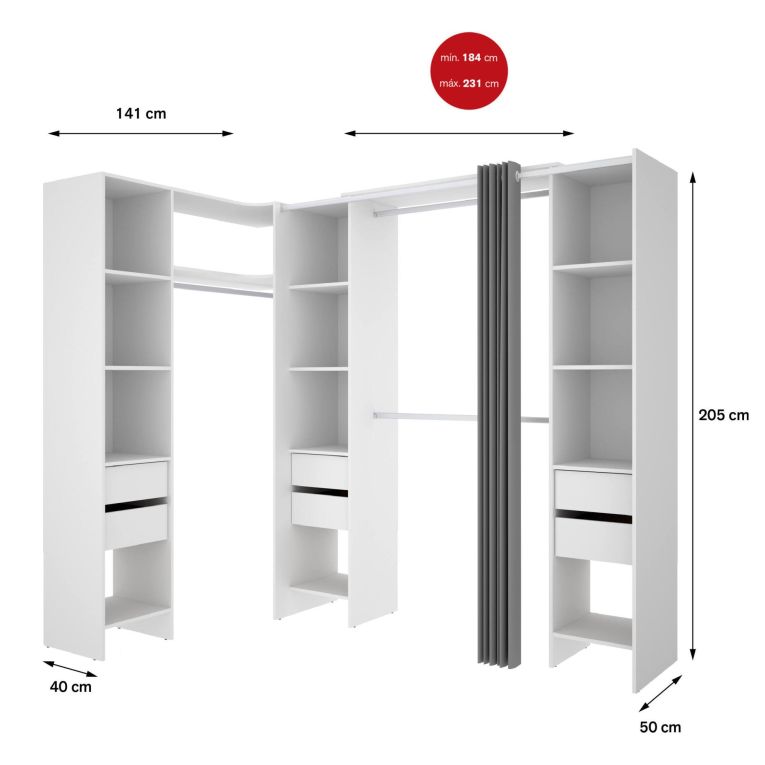 Cabina armadio ad angolo con cassetti bianca 234x205h cm - Alanno