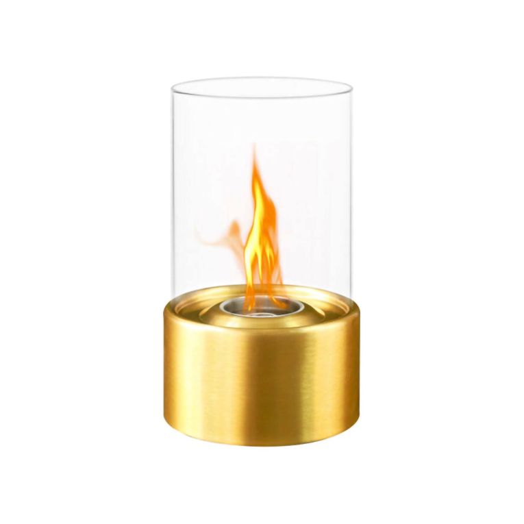 Camino a bioetanolo Dschroffenegge, Caminetto ecologico, Focolare senza fumo, Riscaldatore ad etanolo, Made in Italy, 16x16 h29 cm, Oro e Trasparente