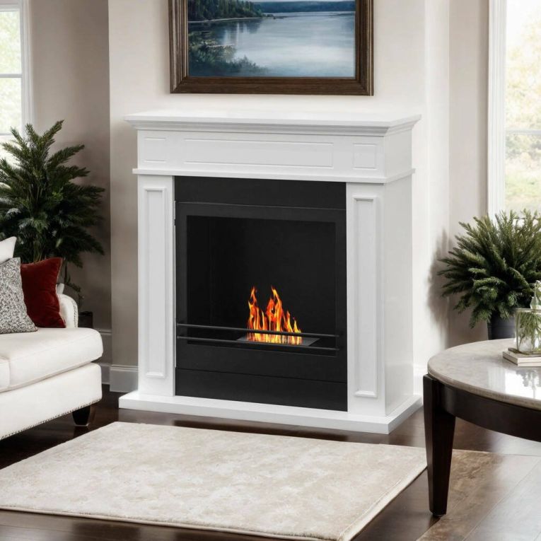 Camino a bioetanolo Dstijepovi, Caminetto ecologico, Focolare senza fumo, Riscaldatore ad etanolo, Made in Italy, 91x28 h90 cm, Bianco