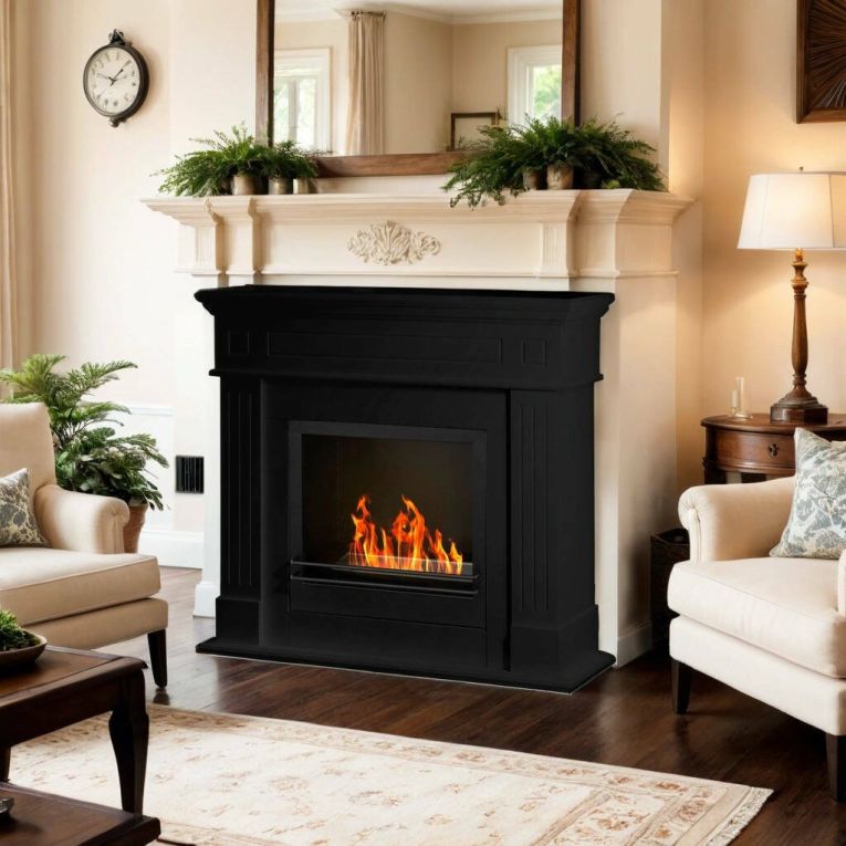 Camino a bioetanolo Dstivanell, Caminetto ecologico, Focolare senza fumo, Riscaldatore ad etanolo, Made in Italy, 110x36 h101 cm, Nero