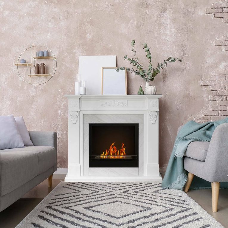 Camino a bioetanolo Dstrefezz, Caminetto ecologico, Focolare senza fumo, Riscaldatore ad etanolo, Made in Italy, 38x121 h108 cm, Bianco