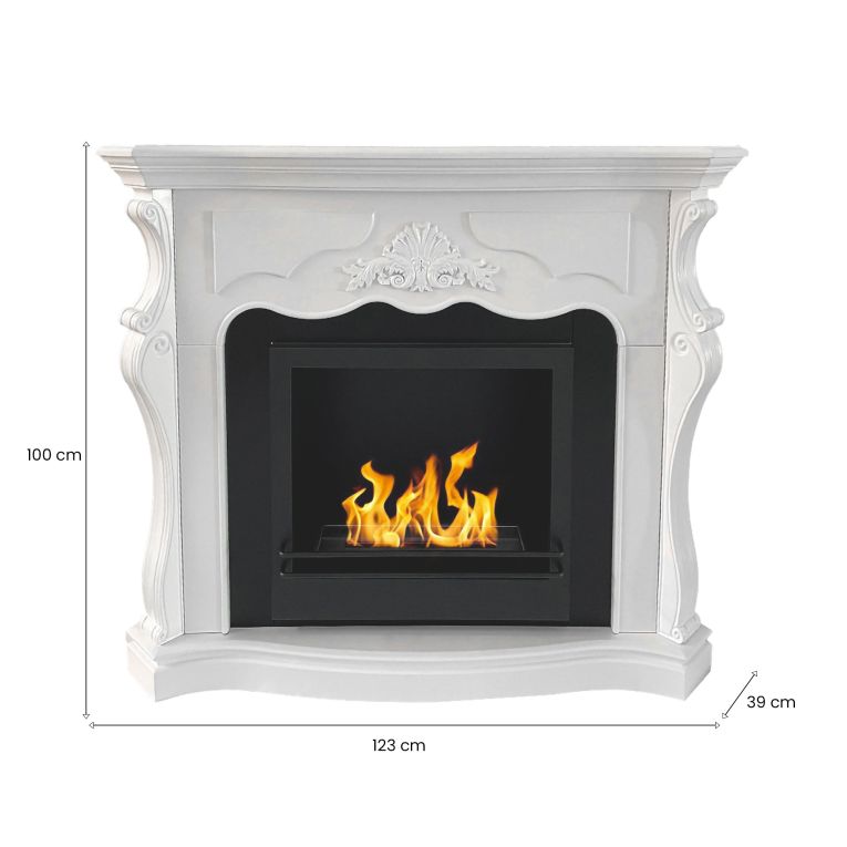 Camino a bioetanolo Dstringar, Caminetto ecologico, Focolare senza fumo, Riscaldatore ad etanolo, Made in Italy, 123x39 h100 cm, Bianco