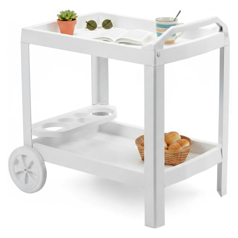 Carrello Bianco 2 Ripiani Ruote 53x74x73h cm, con Portabicchieri Made in Italy - Chidester