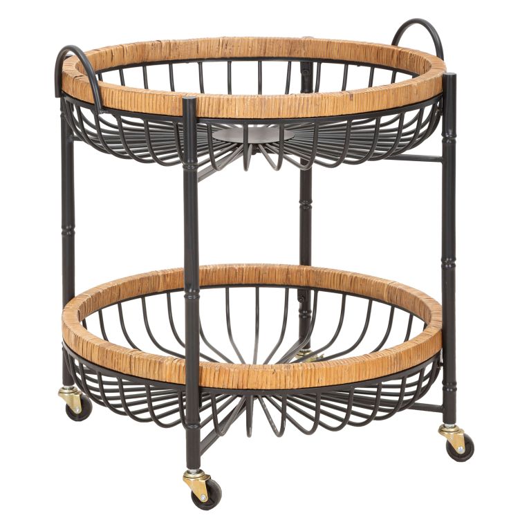 Carrello Marrone Nero 2 Ripiani Ruote 57x56x63h cm, con 2 Cestini in Rattan - Zakopa