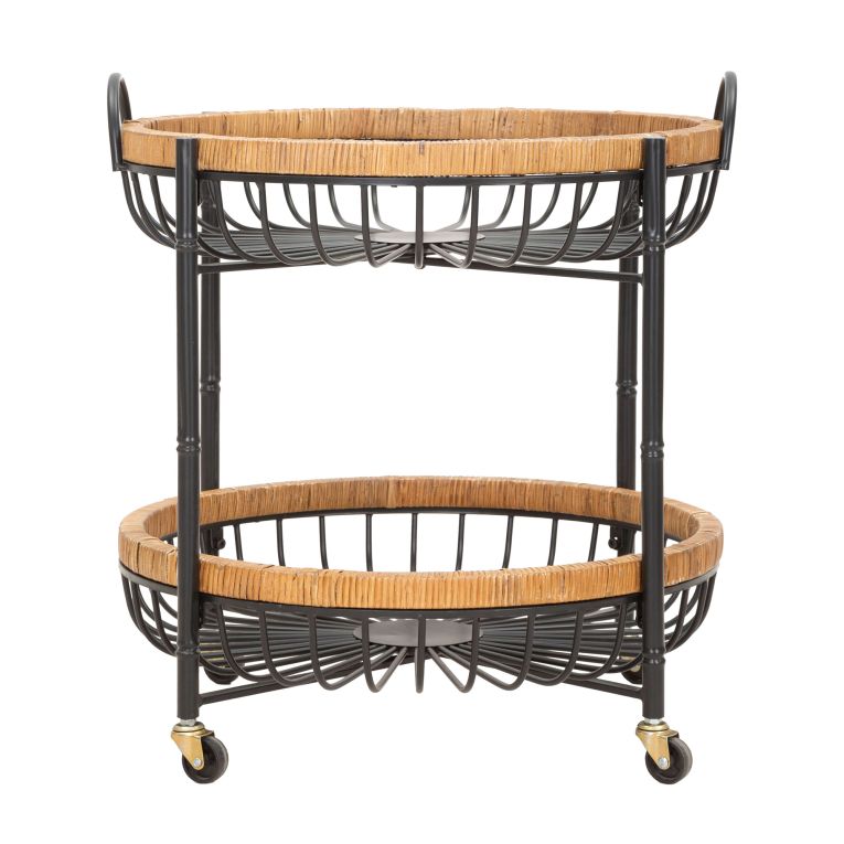 Carrello Marrone Nero 2 Ripiani Ruote 57x56x63h cm, con 2 Cestini in Rattan - Zakopa