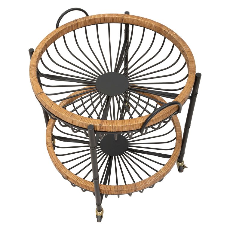 Carrello Marrone Nero 2 Ripiani Ruote 57x56x63h cm, con 2 Cestini in Rattan - Zakopa