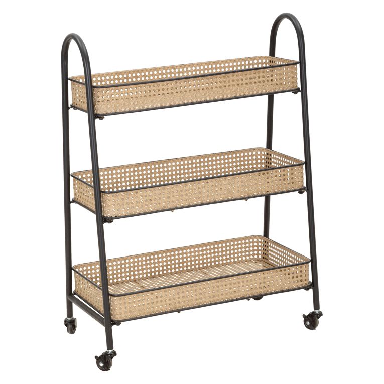 Carrello Marrone Nero 3 Ripiani Ruote 60x30x80h cm, Finitura Effetto Paglia di Vienna - Fapaga