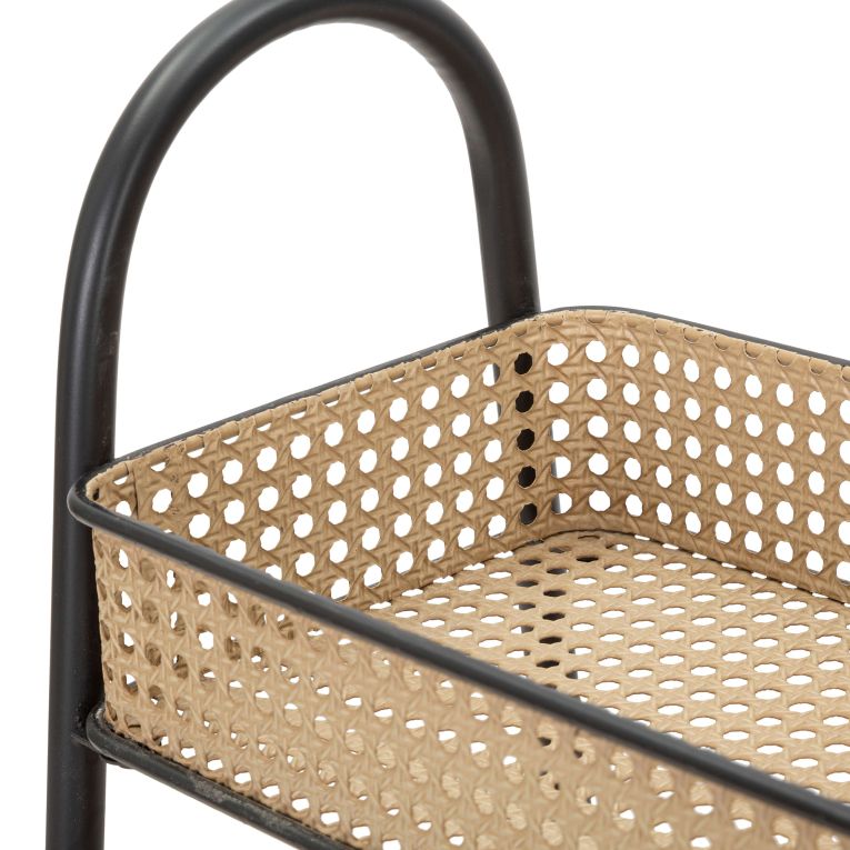 Carrello Marrone Nero 3 Ripiani Ruote 60x30x80h cm, Finitura Effetto Paglia di Vienna - Fapaga