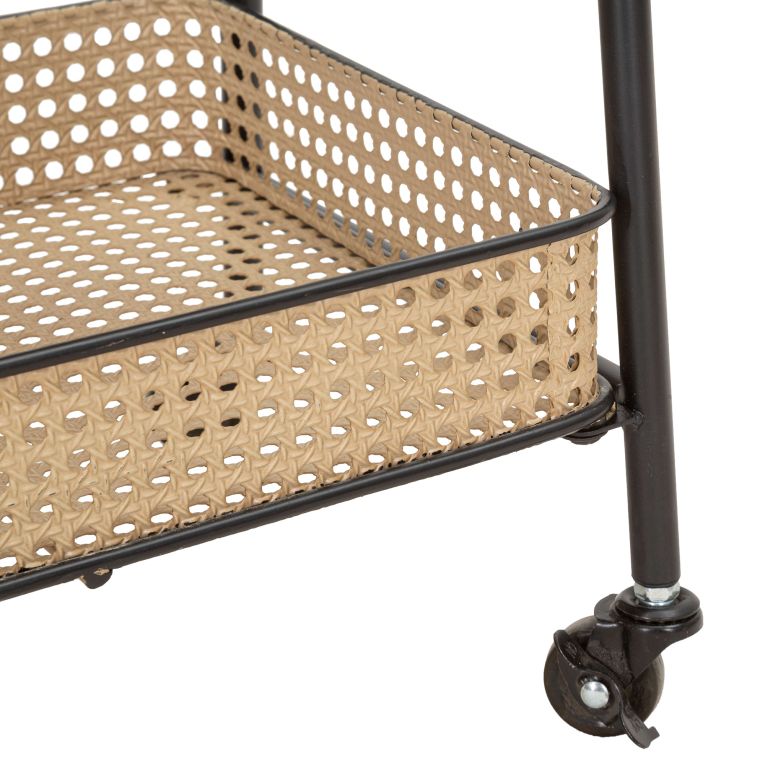Carrello Marrone Nero 3 Ripiani Ruote 60x30x80h cm, Finitura Effetto Paglia di Vienna - Fapaga