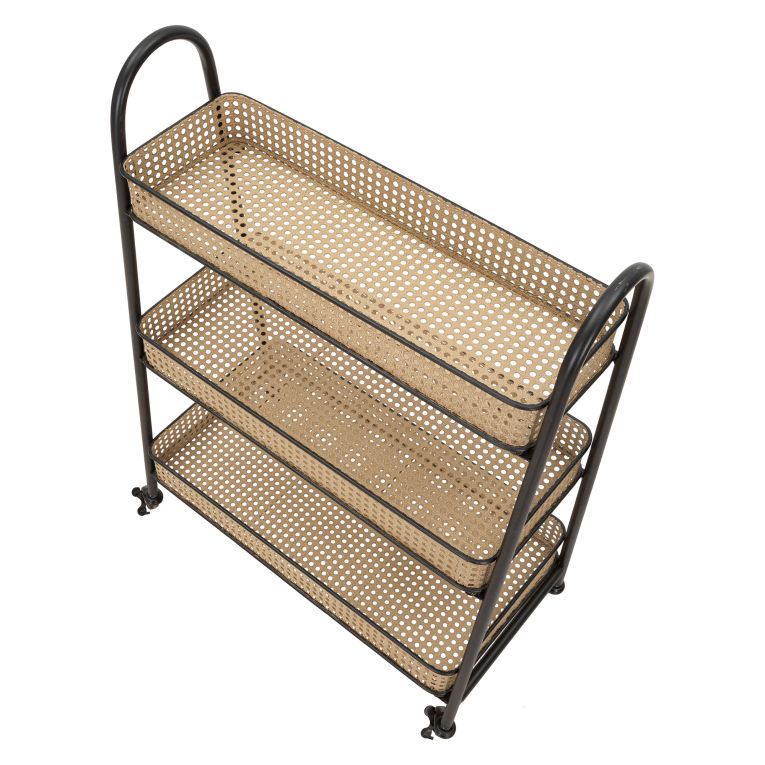Carrello Marrone Nero 3 Ripiani Ruote 60x30x80h cm, Finitura Effetto Paglia di Vienna - Fapaga