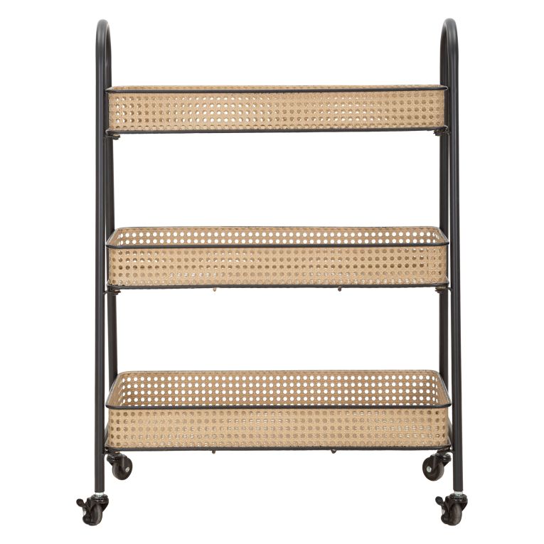 Carrello Marrone Nero 3 Ripiani Ruote 60x30x80h cm, Finitura Effetto Paglia di Vienna - Fapaga