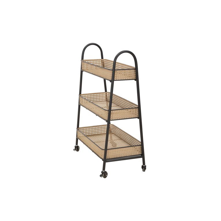 Carrello Marrone Nero 3 Ripiani Ruote 60x30x80h cm, Finitura Effetto Paglia di Vienna - Fapaga