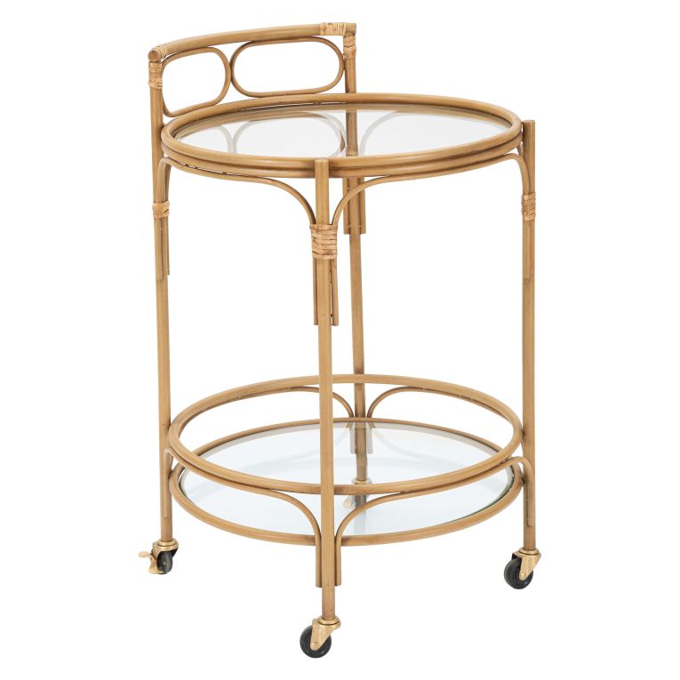 Carrello Marrone Trasparente 2 Ripiani Ruote 51x51x74h cm, Finiture in Rattan - Dalosa