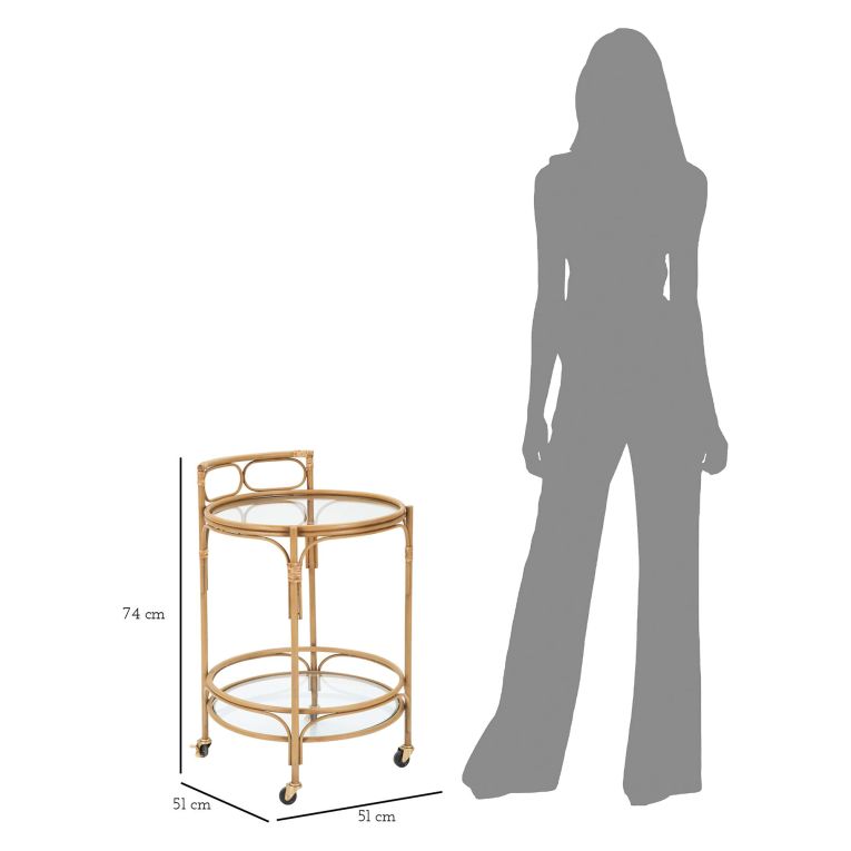 Carrello Marrone Trasparente 2 Ripiani Ruote 51x51x74h cm, Finiture in Rattan - Dalosa