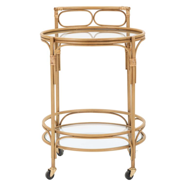 Carrello Marrone Trasparente 2 Ripiani Ruote 51x51x74h cm, Finiture in Rattan - Dalosa