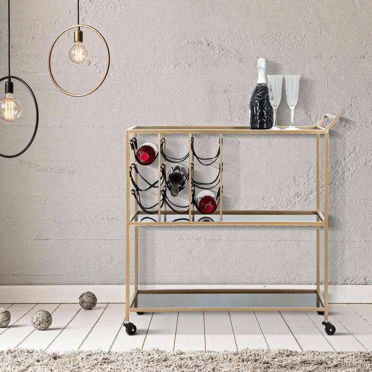 Carrello Nero oro 3 Ripiani Ruote 79x40x82h cm, con Portabottiglie - Druski