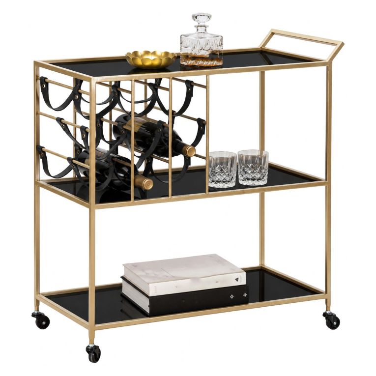 Carrello Nero oro 3 Ripiani Ruote 79x40x82h cm, con Portabottiglie - Druski