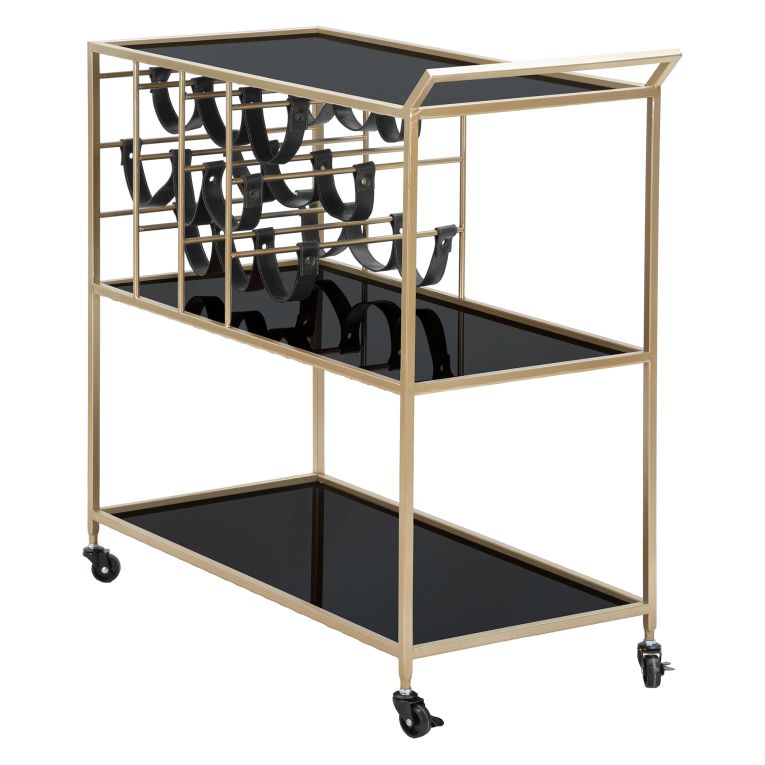 Carrello Nero oro 3 Ripiani Ruote 79x40x82h cm, con Portabottiglie - Druski