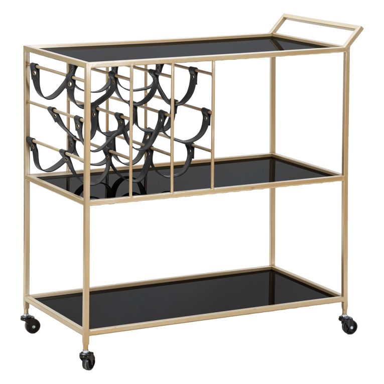 Carrello Nero oro 3 Ripiani Ruote 79x40x82h cm, con Portabottiglie - Druski