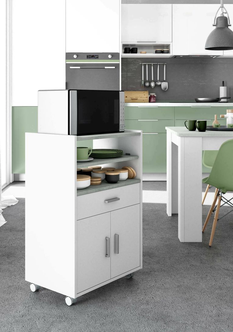 Carrello Scottsdale, Mobile ausiliare per cucina con ruote, Armadio multiuso con 2 ante e 1 ripiano, 59x40h92 cm, Bianco