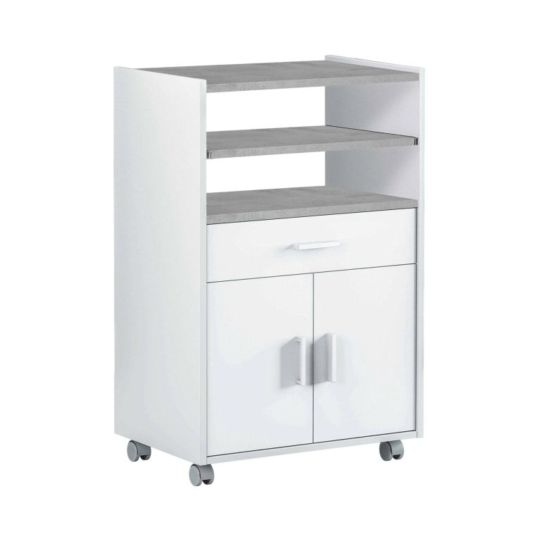 Carrello Scottsdale, Mobile ausiliare per cucina con ruote, Armadio multiuso con 2 ante e 1 ripiano, 59x40h92 cm, Bianco