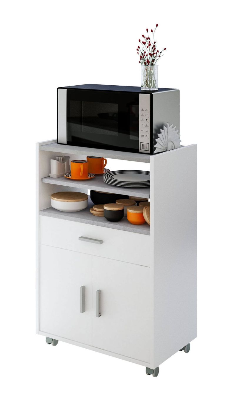 Carrello Scottsdale, Mobile ausiliare per cucina con ruote, Armadio multiuso con 2 ante e 1 ripiano, 59x40h92 cm, Bianco