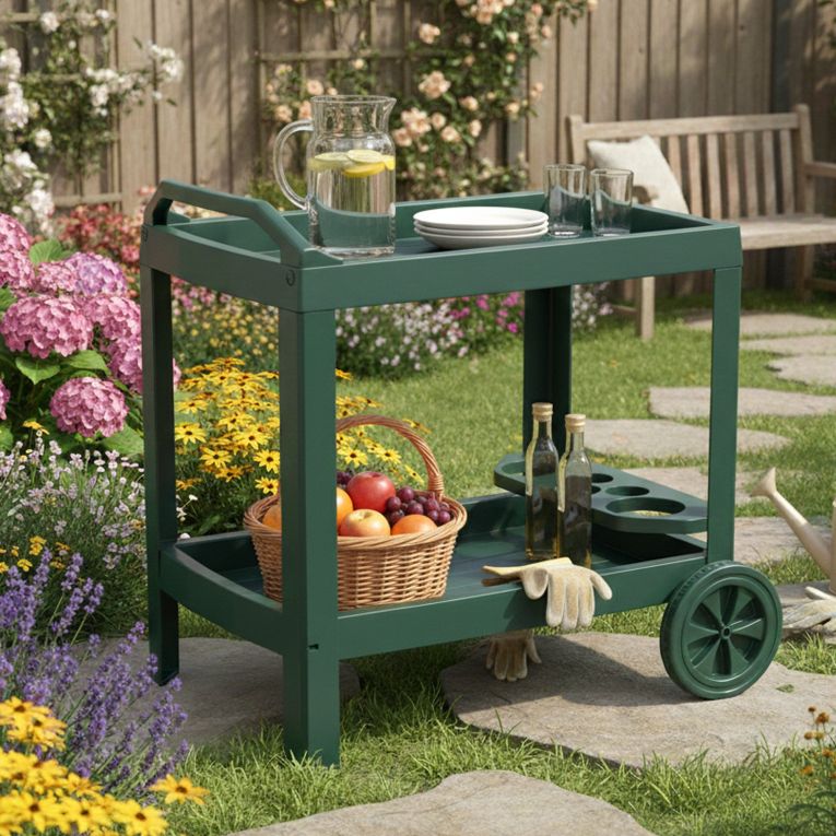 Carrello Verde 2 Ripiani Ruote 53x74x73h cm, con Portabicchieri Made in Italy - Chidester