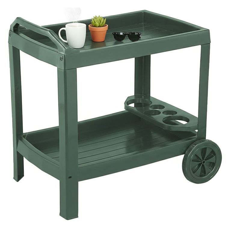 Carrello Verde 2 Ripiani Ruote 53x74x73h cm, con Portabicchieri Made in Italy - Chidester