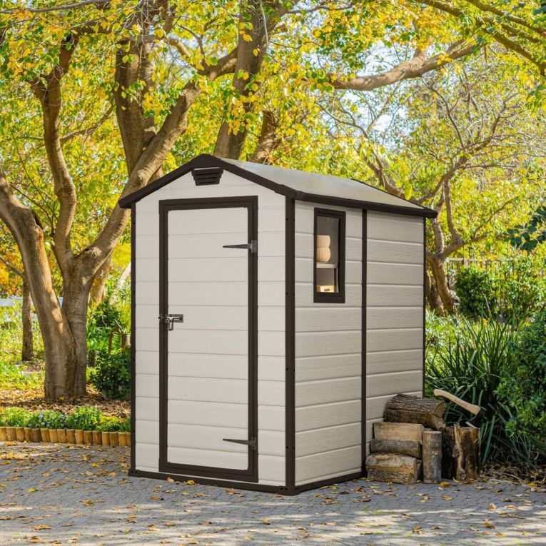 Casetta da Giardino Beige Nero Resistente Agli Agenti Atmosferici Presenza Finestre 130x192x198h cm, Tetto a due Falde - Stillman