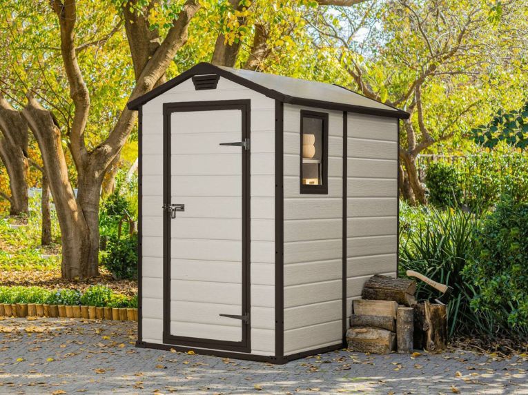 Casetta da Giardino Beige Nero Resistente Agli Agenti Atmosferici Presenza Finestre 130x192x198h cm, Tetto a due Falde - Stillman