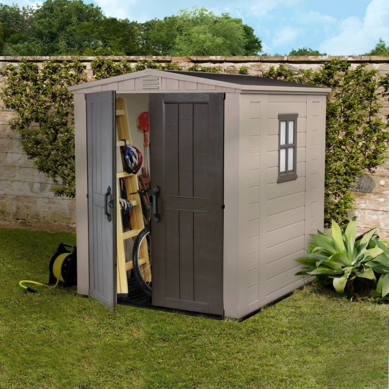 Casetta da Giardino Beige Nero Resistente Agli Agenti Atmosferici Presenza Finestre 178x196x208h cm, Tetto a due Falde - Tuskegee