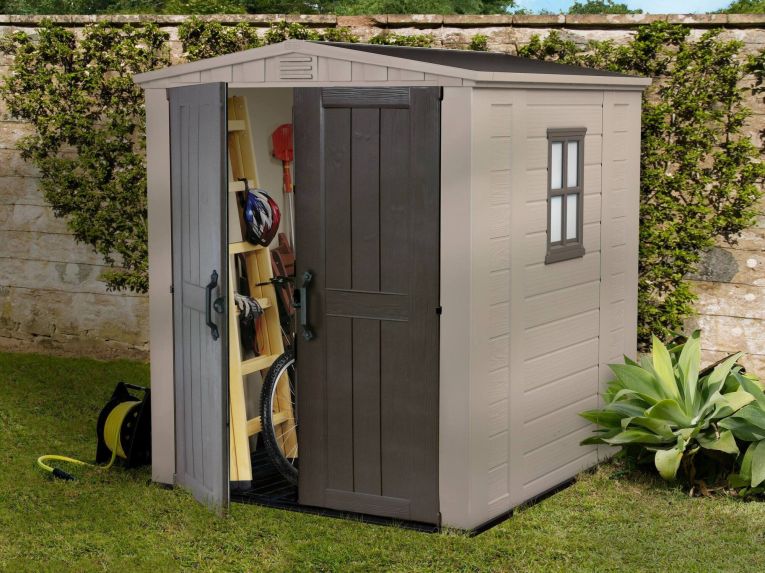 Casetta da Giardino Beige Nero Resistente Agli Agenti Atmosferici Presenza Finestre 178x196x208h cm, Tetto a due Falde - Tuskegee