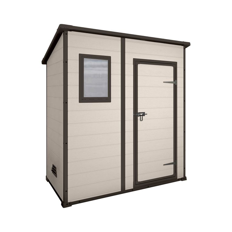 Casetta da Giardino Beige Nero Resistente Agli Agenti Atmosferici Presenza Finestre 184x111x201h cm, Tetto a due Falde - Tiffin