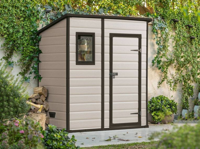Casetta da Giardino Beige Nero Resistente Agli Agenti Atmosferici Presenza Finestre 184x111x201h cm, Tetto a due Falde - Tiffin