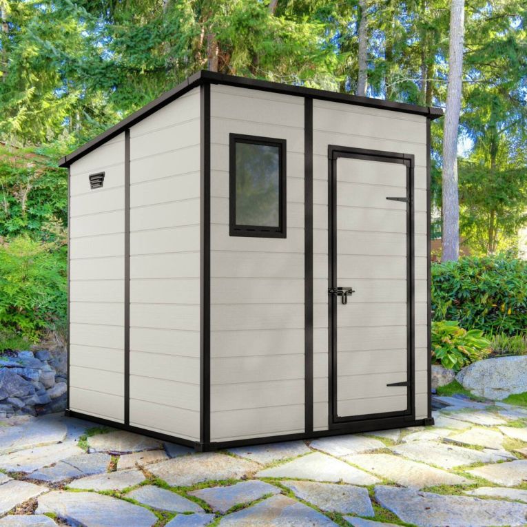 Casetta da Giardino Beige Nero Resistente Agli Agenti Atmosferici Presenza Finestre 184x185x200h cm, Tetto Piano - Cranbrook