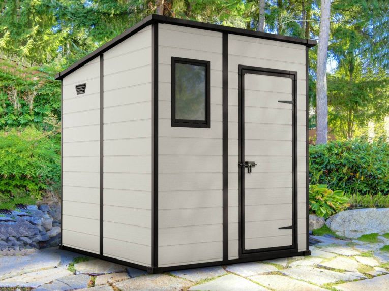 Casetta da Giardino Beige Nero Resistente Agli Agenti Atmosferici Presenza Finestre 184x185x200h cm, Tetto Piano - Cranbrook