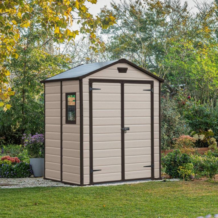 Casetta da Giardino Beige Nero Resistente Agli Agenti Atmosferici Presenza Finestre 185x152x226h cm, Tetto a due Falde - Sheboygan