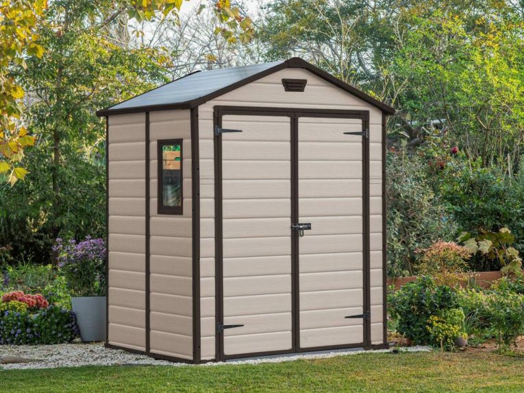 Casetta da Giardino Beige Nero Resistente Agli Agenti Atmosferici Presenza Finestre 185x152x226h cm, Tetto a due Falde - Sheboygan