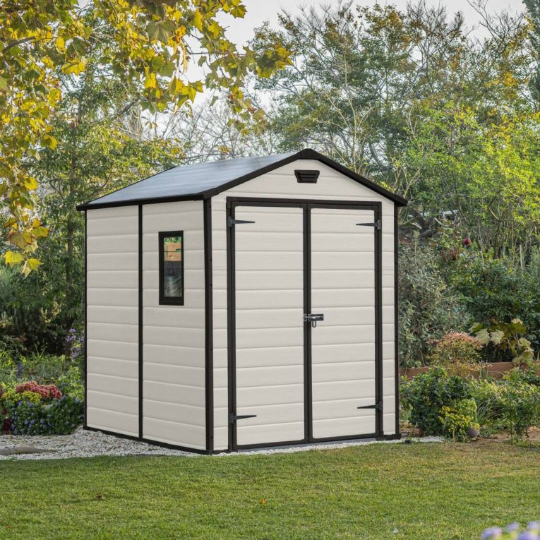 Casetta da Giardino Beige Nero Resistente Agli Agenti Atmosferici Presenza Finestre 186x237x227h cm, Tetto a due Falde - Wadena