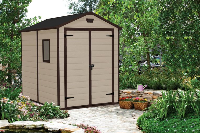 Casetta da Giardino Beige Nero Resistente Agli Agenti Atmosferici Presenza Finestre 186x237x227h cm, Tetto a due Falde - Wadena