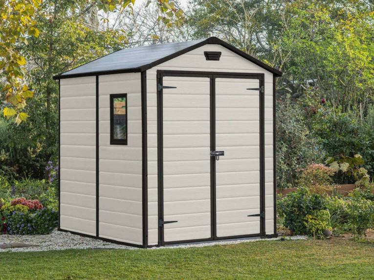 Casetta da Giardino Beige Nero Resistente Agli Agenti Atmosferici Presenza Finestre 186x237x227h cm, Tetto a due Falde - Wadena