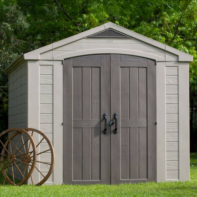 Casetta da Giardino Beige Nero Resistente Agli Agenti Atmosferici Presenza Finestre 256x332x243h cm, Tetto a due Falde - Weyburn